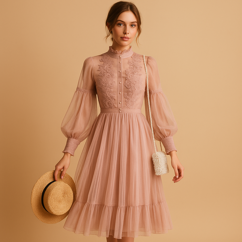 Elegant floral dress for women with slim high-waist fit, lantern sleeves, and stand-up collar, perfect for both chic and everyday occasions.