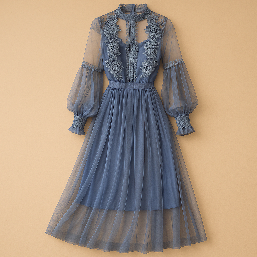 Elegant floral dress for women with slim high-waist fit, lantern sleeves, and stand-up collar, perfect for both chic and everyday occasions.