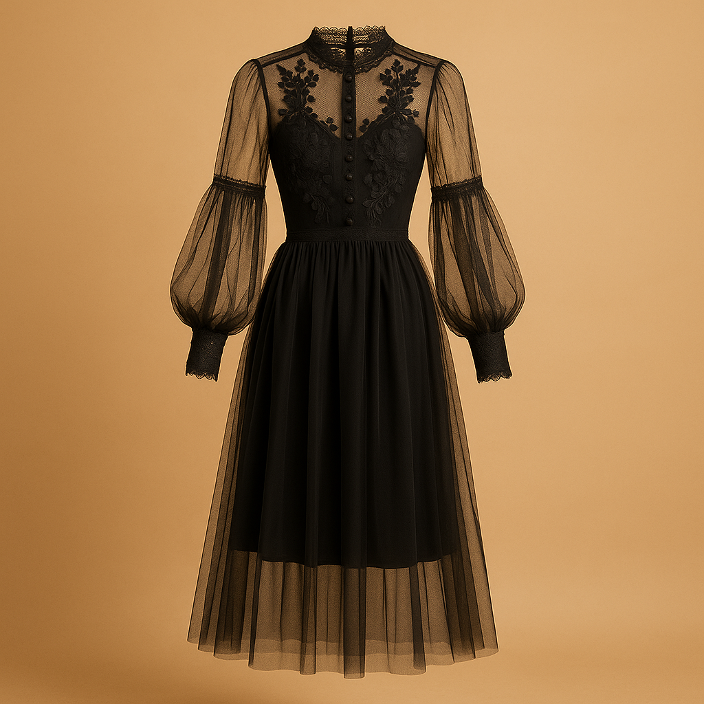 Elegant floral dress for women with slim high-waist fit, lantern sleeves, and stand-up collar, perfect for both chic and everyday occasions.