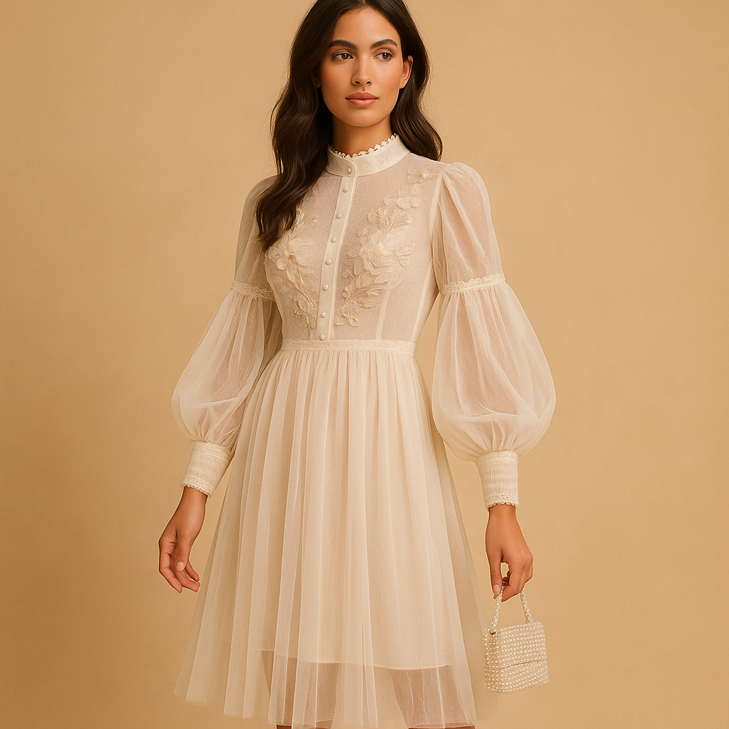 Elegant floral dress for women with slim high-waist fit, lantern sleeves, and stand-up collar, perfect for both chic and everyday occasions.