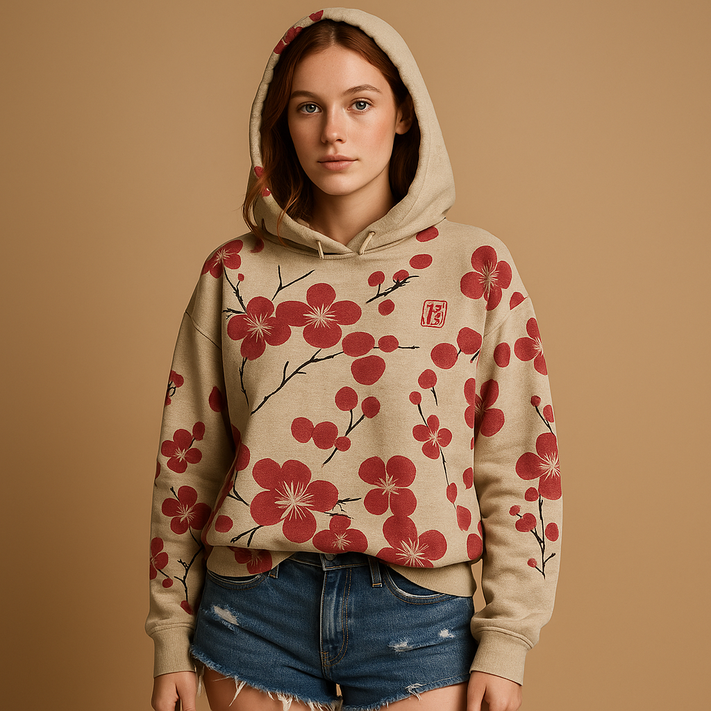 Women’s floral print hoodie sweater in black, blue, and red, featuring a soft fabric, cozy hood, and bold flower design for casual comfort.