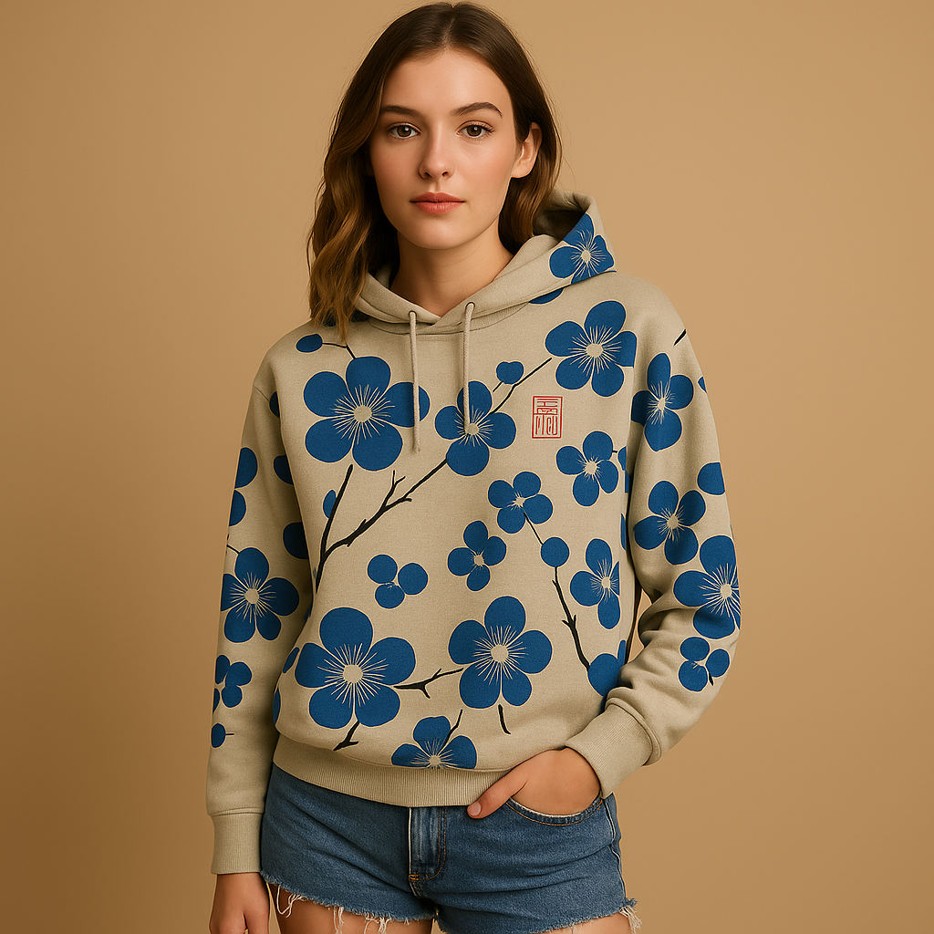 Women’s floral print hoodie sweater in black, blue, and red, featuring a soft fabric, cozy hood, and bold flower design for casual comfort.