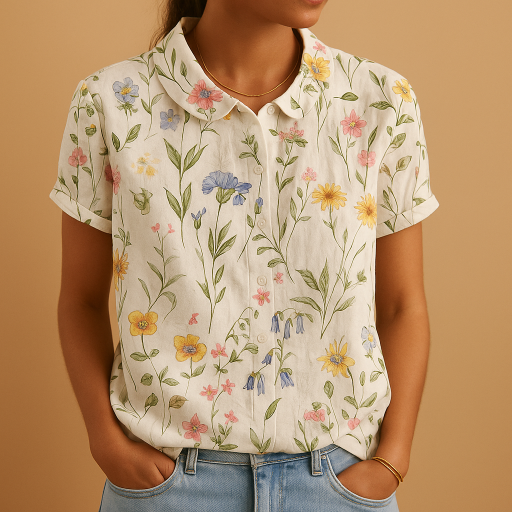 Women’s loose floral blouse with breathable fabric and multicolor flower pattern, ideal for casual summer days.