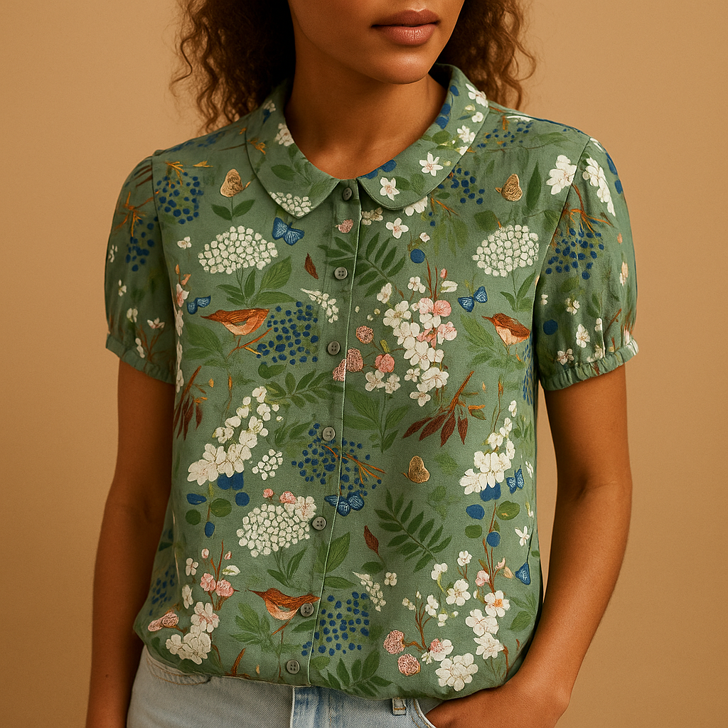 Women’s loose floral blouse with breathable fabric and multicolor flower pattern, ideal for casual summer days.
