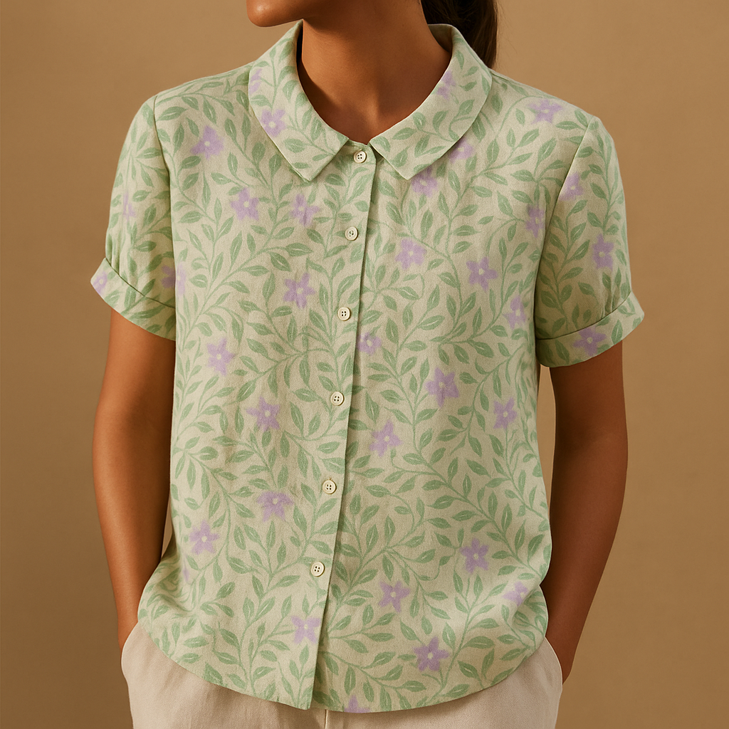 Women’s loose floral blouse with breathable fabric and multicolor flower pattern, ideal for casual summer days.