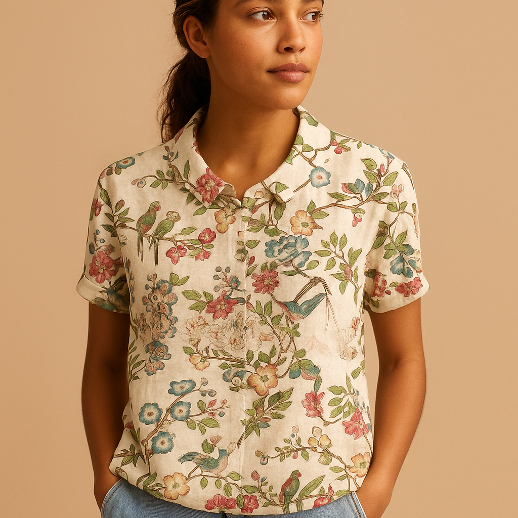 Women’s loose floral blouse with breathable fabric and multicolor flower pattern, ideal for casual summer days.