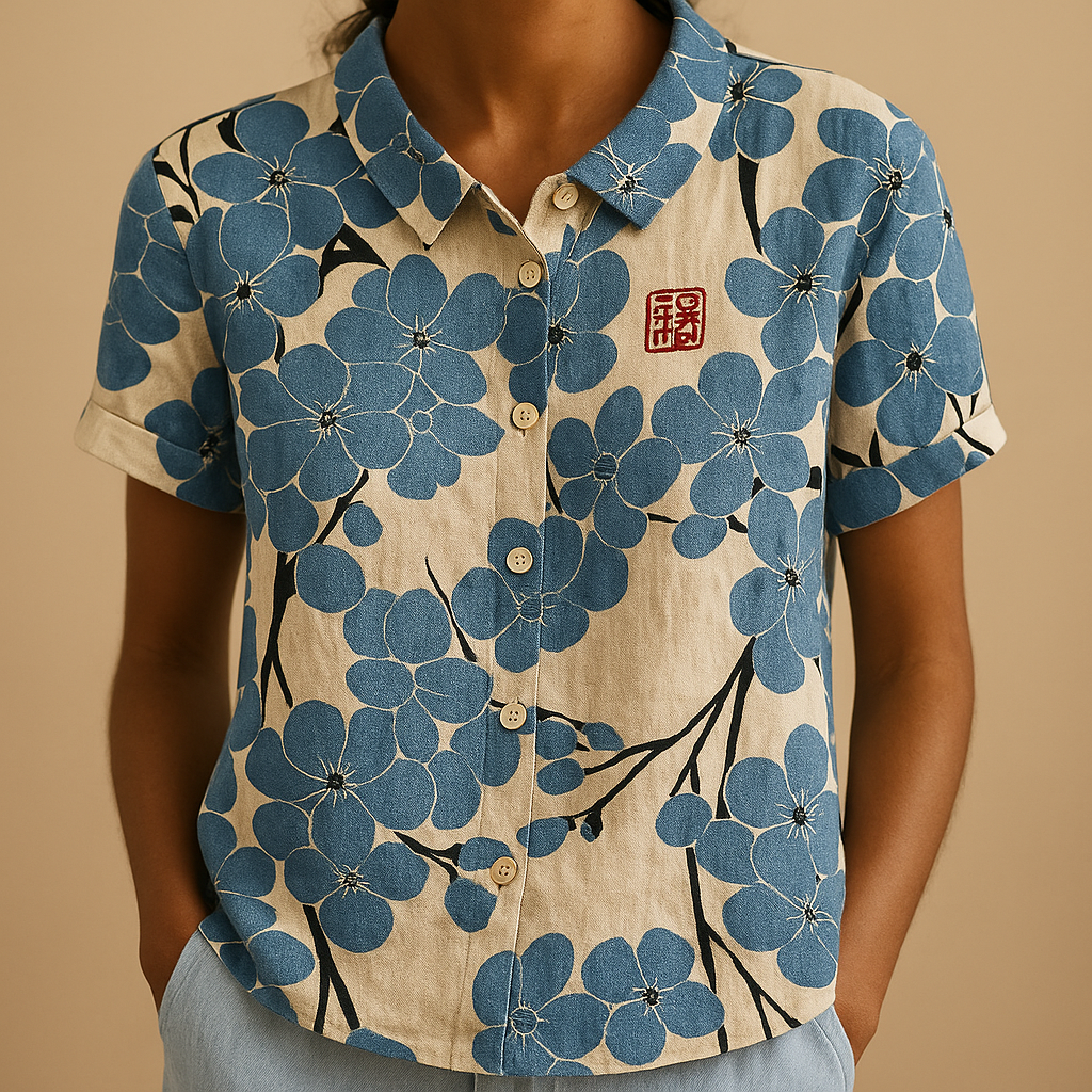 Women’s loose floral blouse with breathable fabric and multicolor flower pattern, ideal for casual summer days.