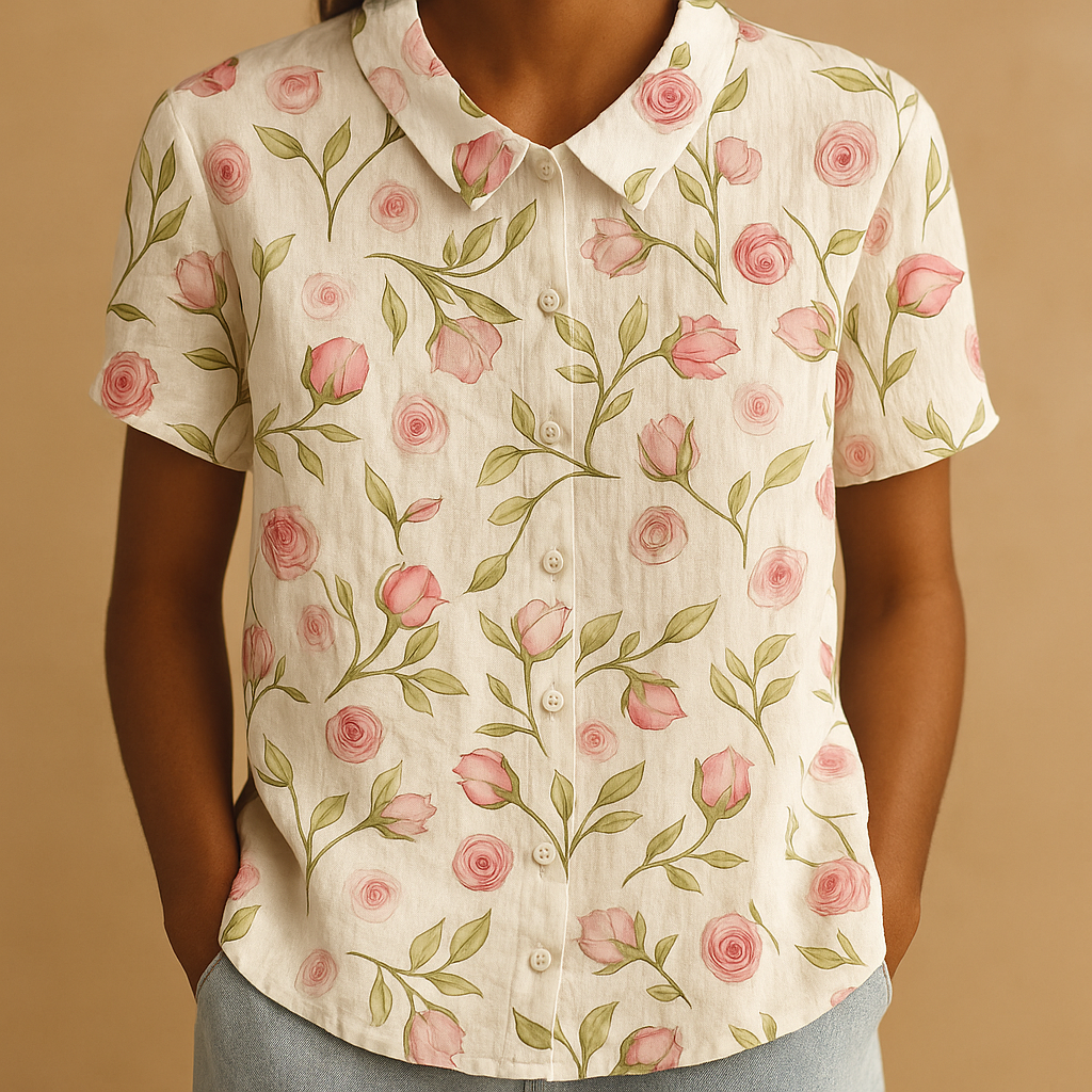 Women’s loose floral blouse with breathable fabric and multicolor flower pattern, ideal for casual summer days.
