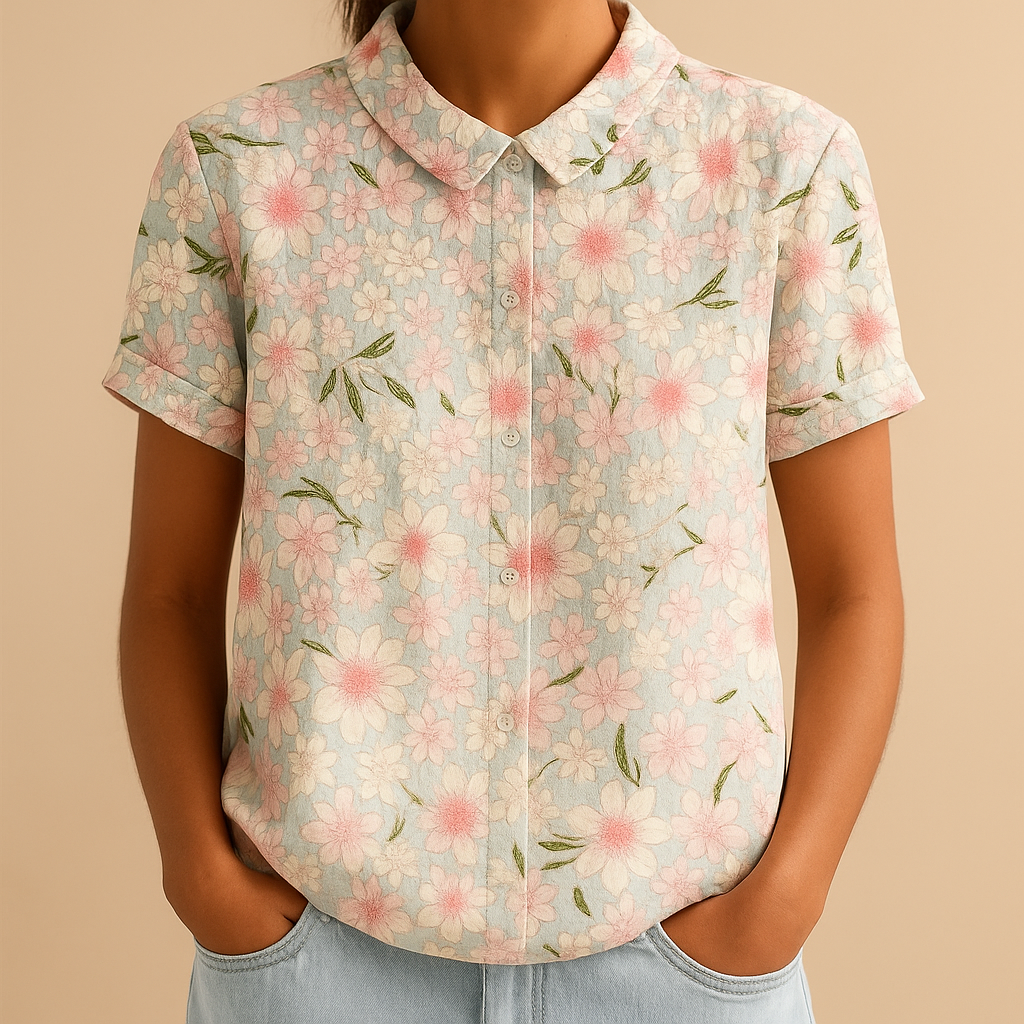 Women’s loose floral blouse with breathable fabric and multicolor flower pattern, ideal for casual summer days.
