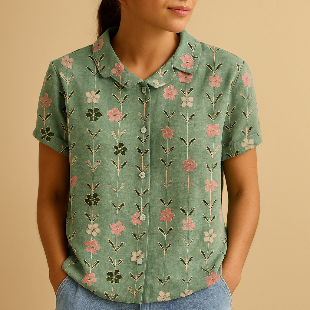 Women’s loose floral blouse with breathable fabric and multicolor flower pattern, ideal for casual summer days.
