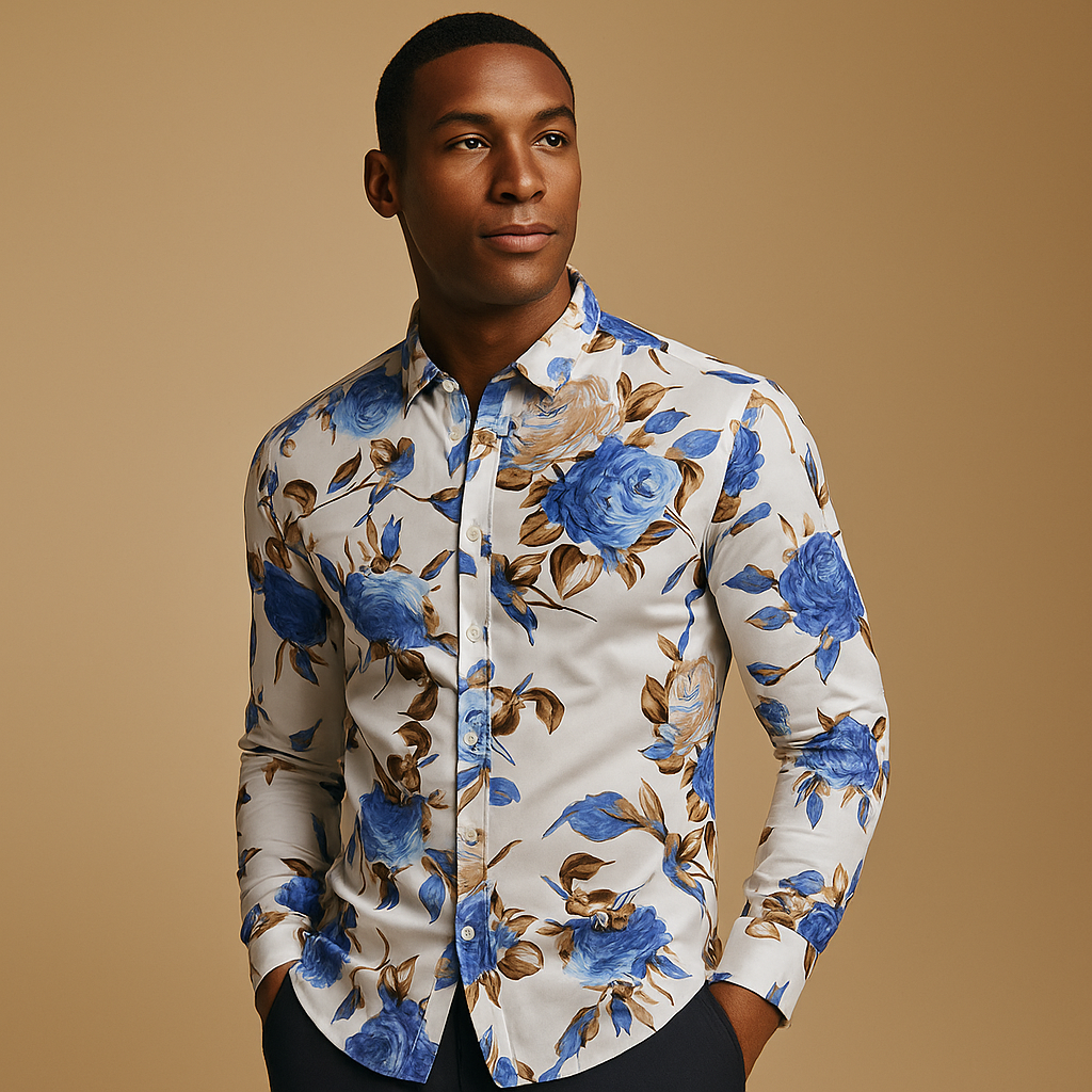 Floral print shirt for men in breathable fabric with modern fit, available in black, blue, and red for casual or festive occasions.