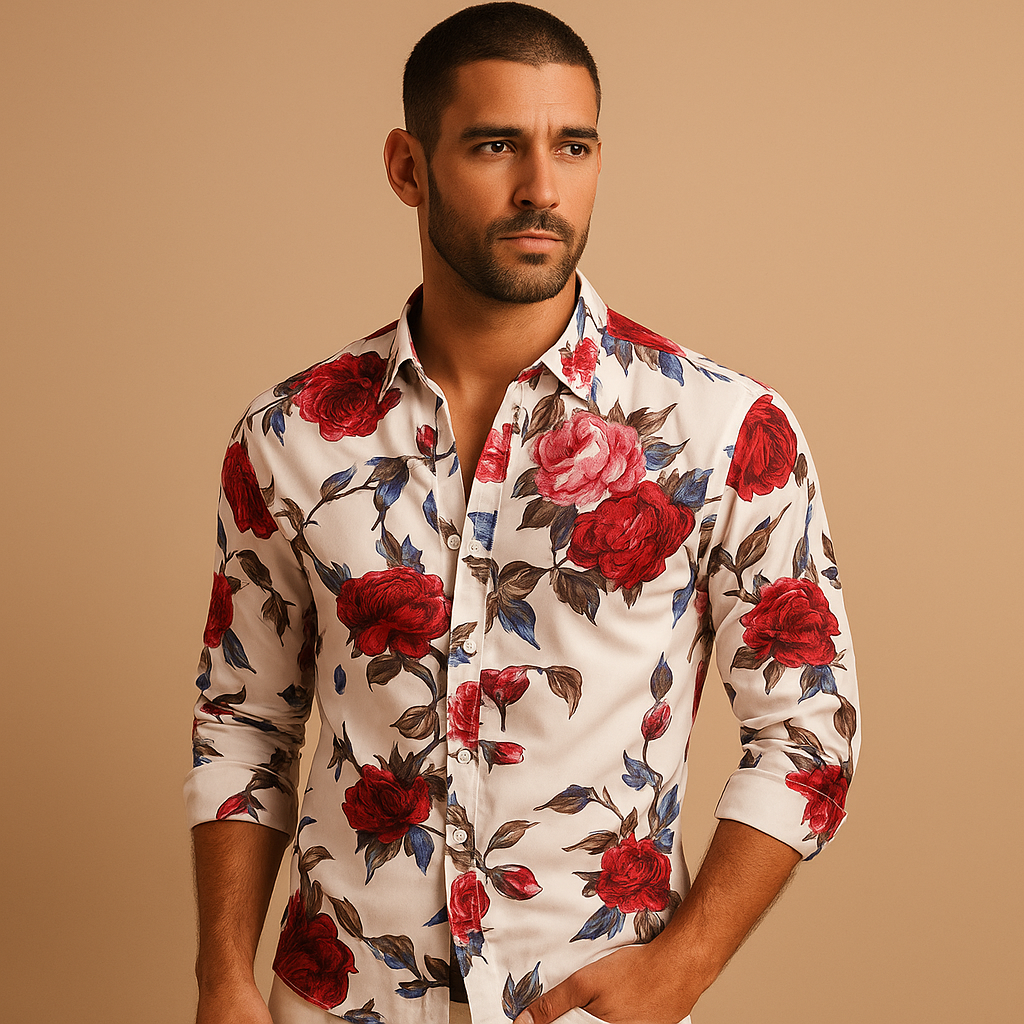 Floral print shirt for men in breathable fabric with modern fit, available in black, blue, and red for casual or festive occasions.