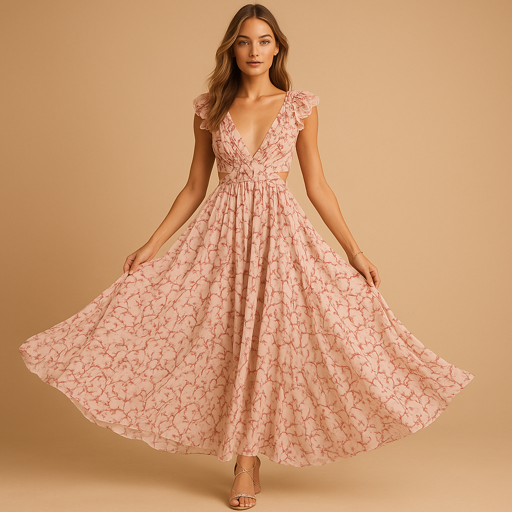 Floral maxi dress for women with ruffles, deep V-neck, and high slit, perfect for summer weddings and stylish evening events.