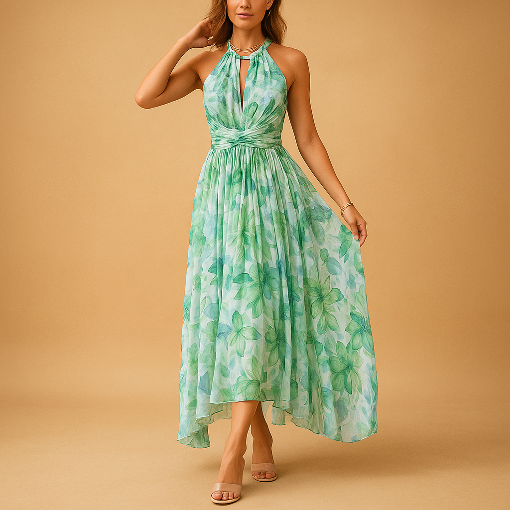 Floral sleeveless maxi dress for women with high waist and O-neck, perfect for summer vacations, garden parties, and casual sunny days.