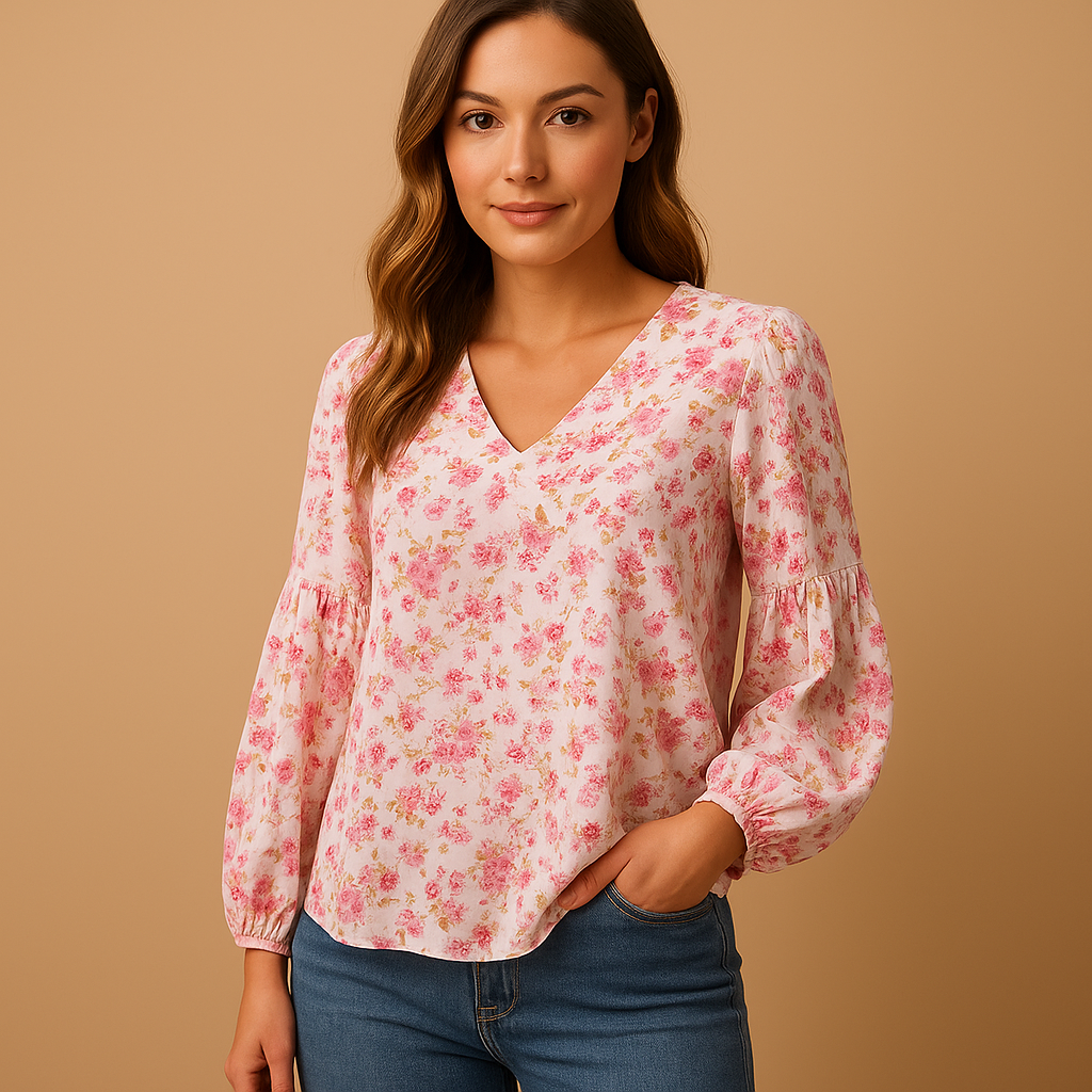 Floral summer blouse for women with long sleeves and a relaxed fit, available in pink, white, and green, perfect for sunny days or chic casual looks.