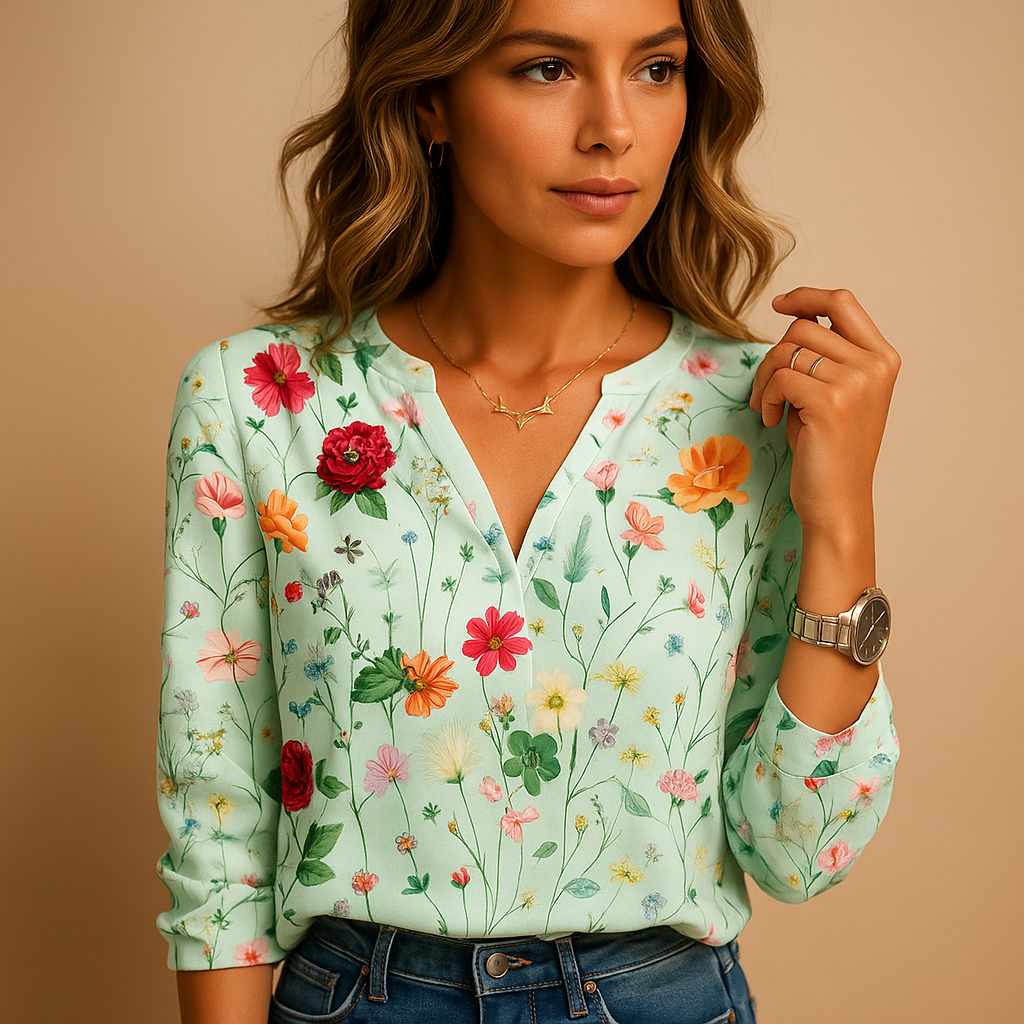 Floral V-neck blouse for women with long sleeves in breathable fabric, perfect for warm days or layering under a blazer.