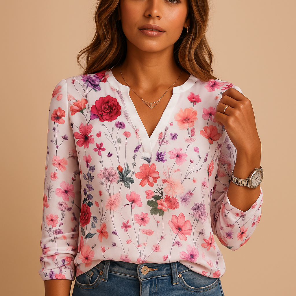 Floral V-neck blouse for women with long sleeves in breathable fabric, perfect for warm days or layering under a blazer.