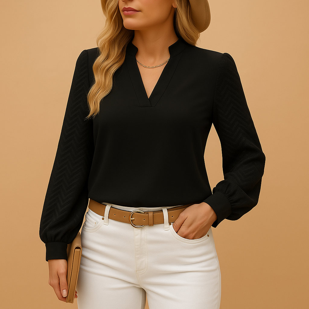 Flowy V-neck blouse for women in neutral tones, with an elegant silhouette ideal for work, casual days, or layering in all seasons.