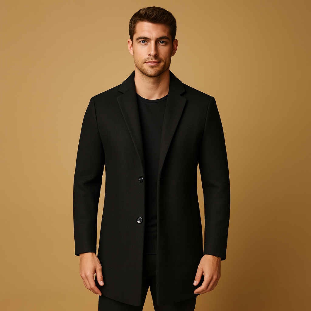 Men’s formal winter coat with a long classic design and modern tailored fit, offering warmth and elegance for business and everyday wear.