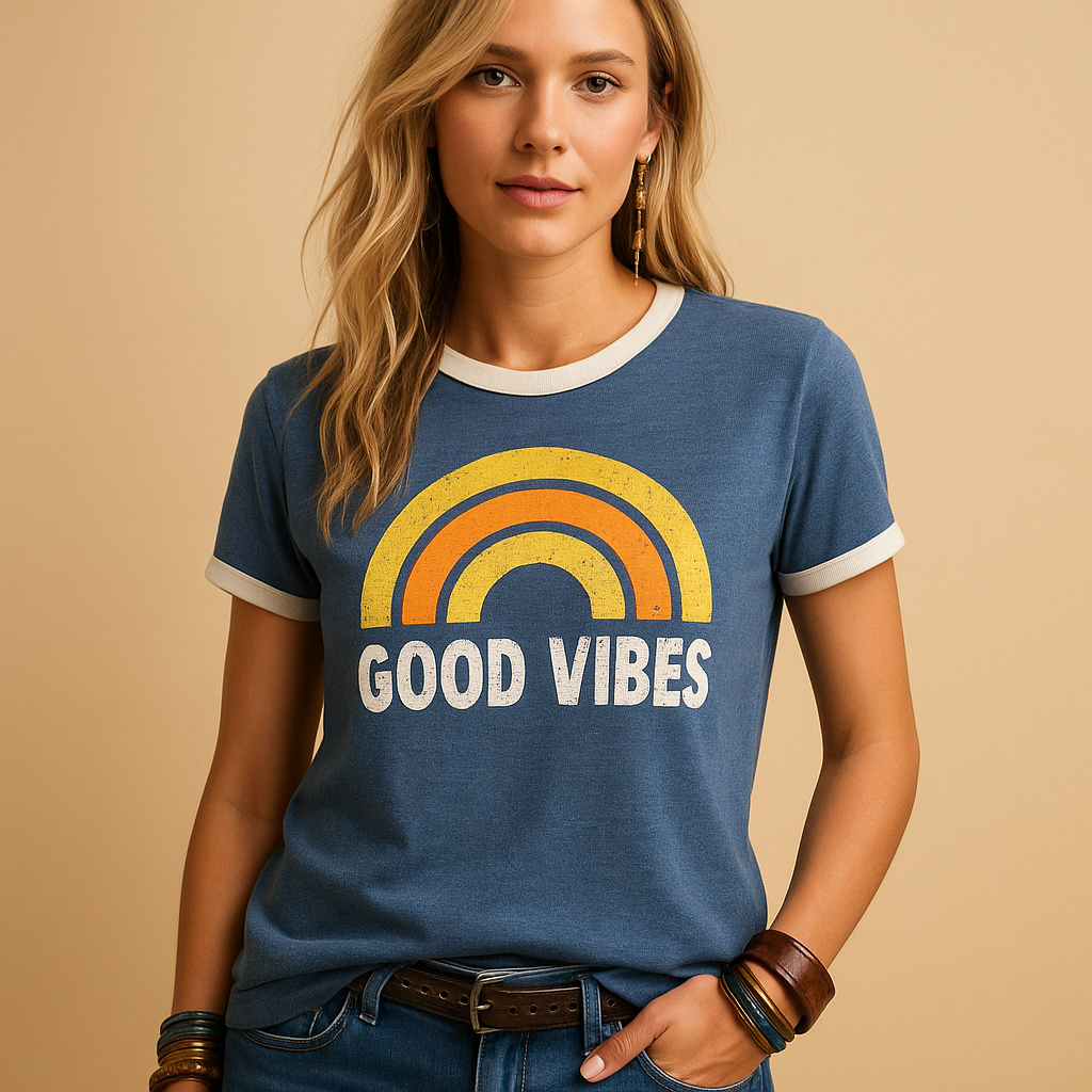 Good Vibes summer T-shirt for women in vibrant colors, perfect for relaxed days at the beach, in town, or at home.