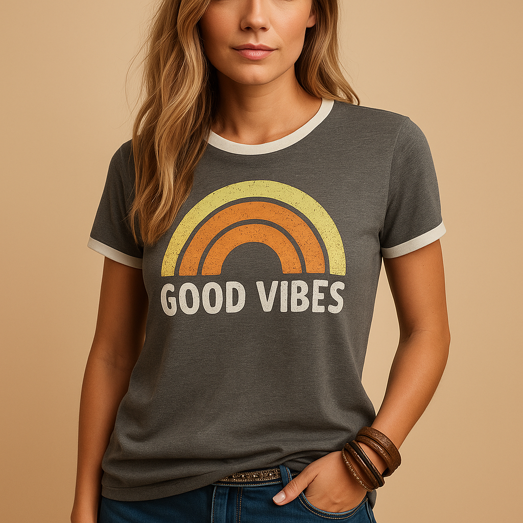 Good Vibes summer T-shirt for women in vibrant colors, perfect for relaxed days at the beach, in town, or at home.