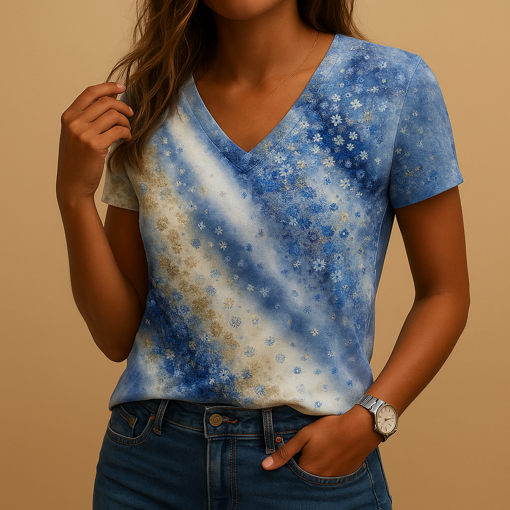 Gradient v-neck summer blouse with short sleeves for women, featuring a relaxed fit and breathable fabric—ideal for casual sunny days.