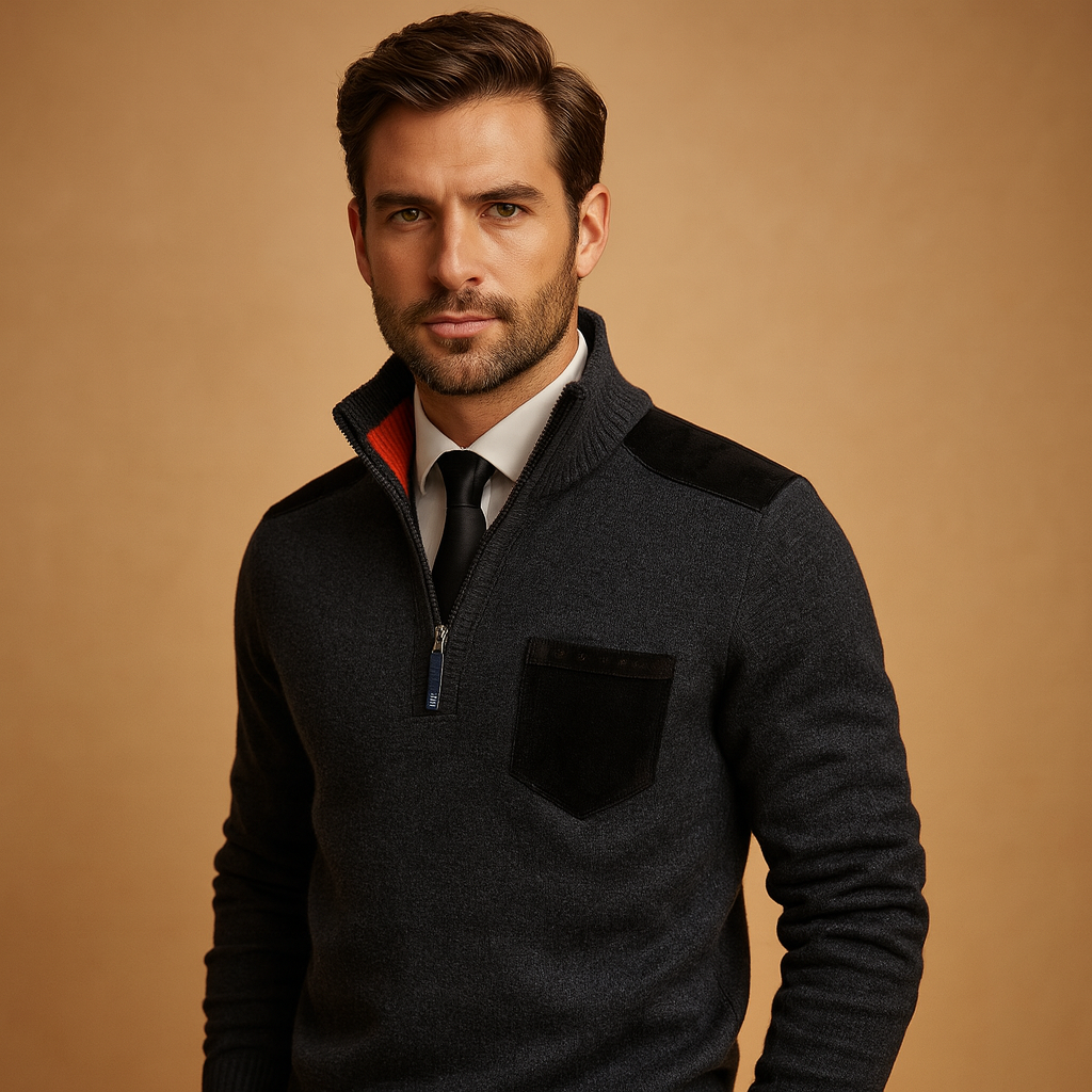Men’s half zip pullover sweater with adjustable collar and chest pocket, warm and versatile for autumn and winter casual or work outfits.