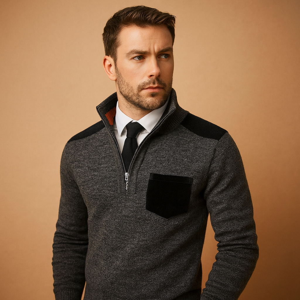 Men’s half zip pullover sweater with adjustable collar and chest pocket, warm and versatile for autumn and winter casual or work outfits.