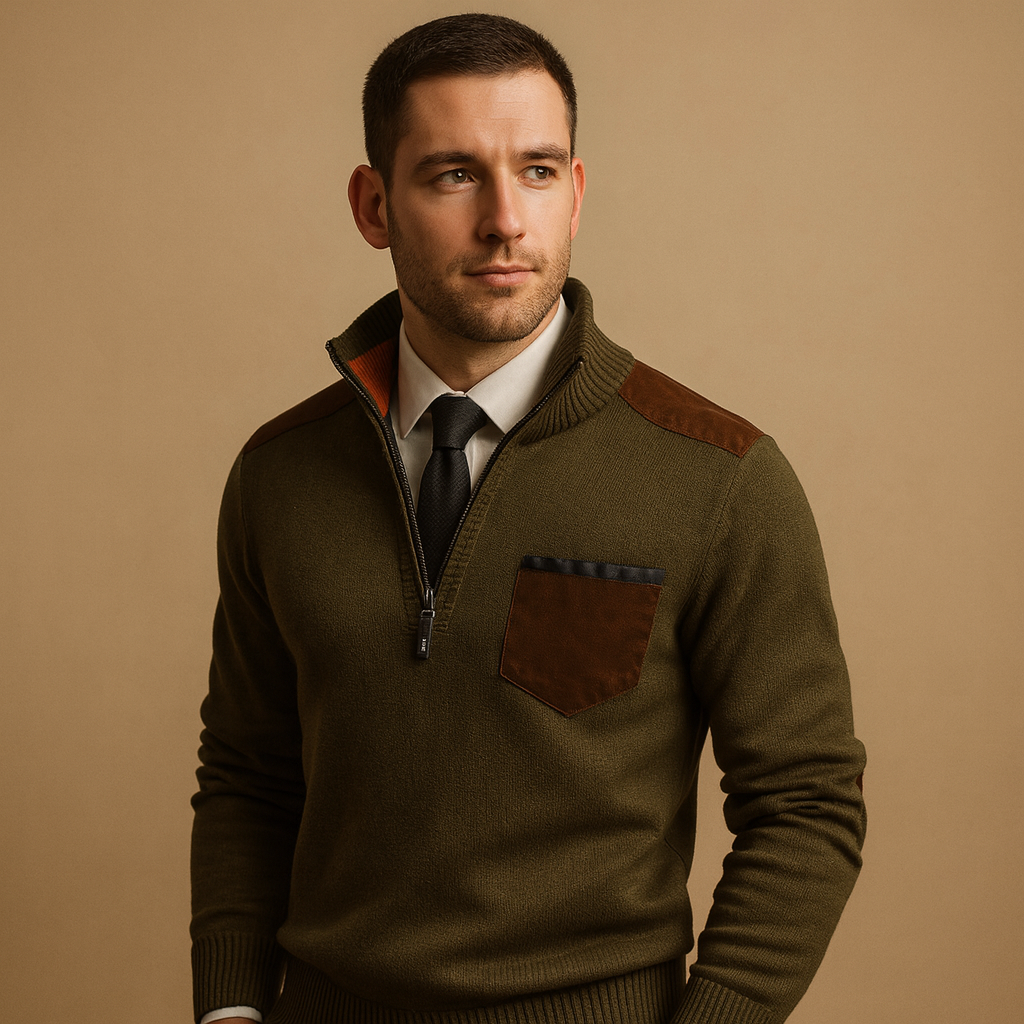 Men’s half zip pullover sweater with adjustable collar and chest pocket, warm and versatile for autumn and winter casual or work outfits.