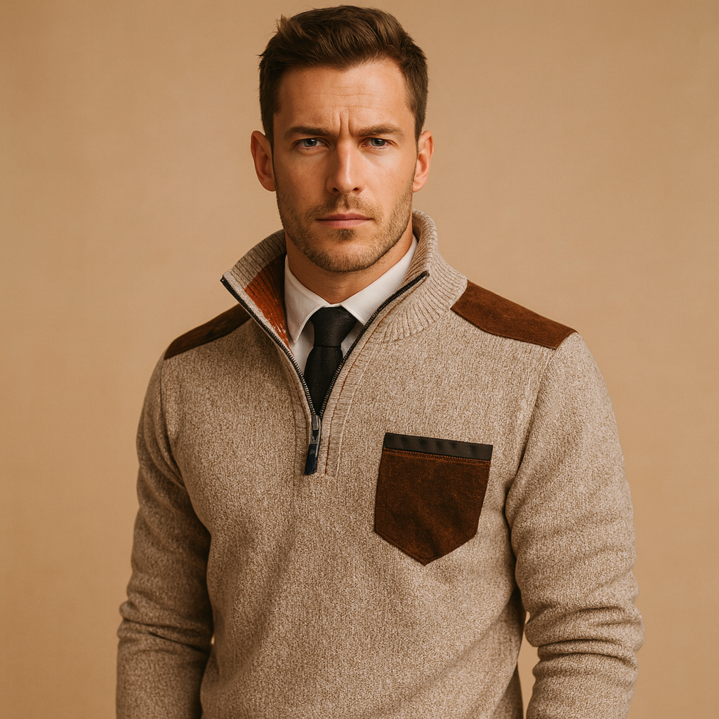Men’s half zip pullover sweater with adjustable collar and chest pocket, warm and versatile for autumn and winter casual or work outfits.