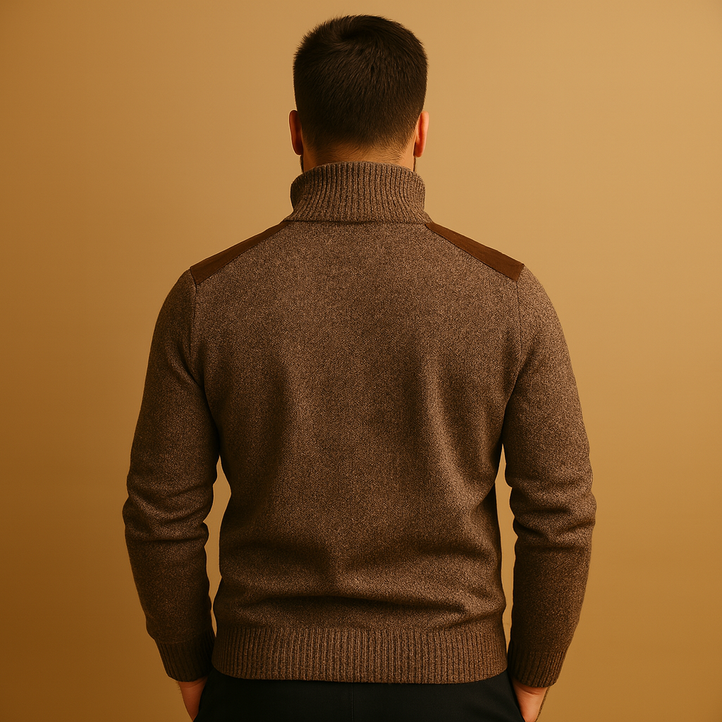 Men’s half zip pullover sweater with adjustable collar and chest pocket, warm and versatile for autumn and winter casual or work outfits.