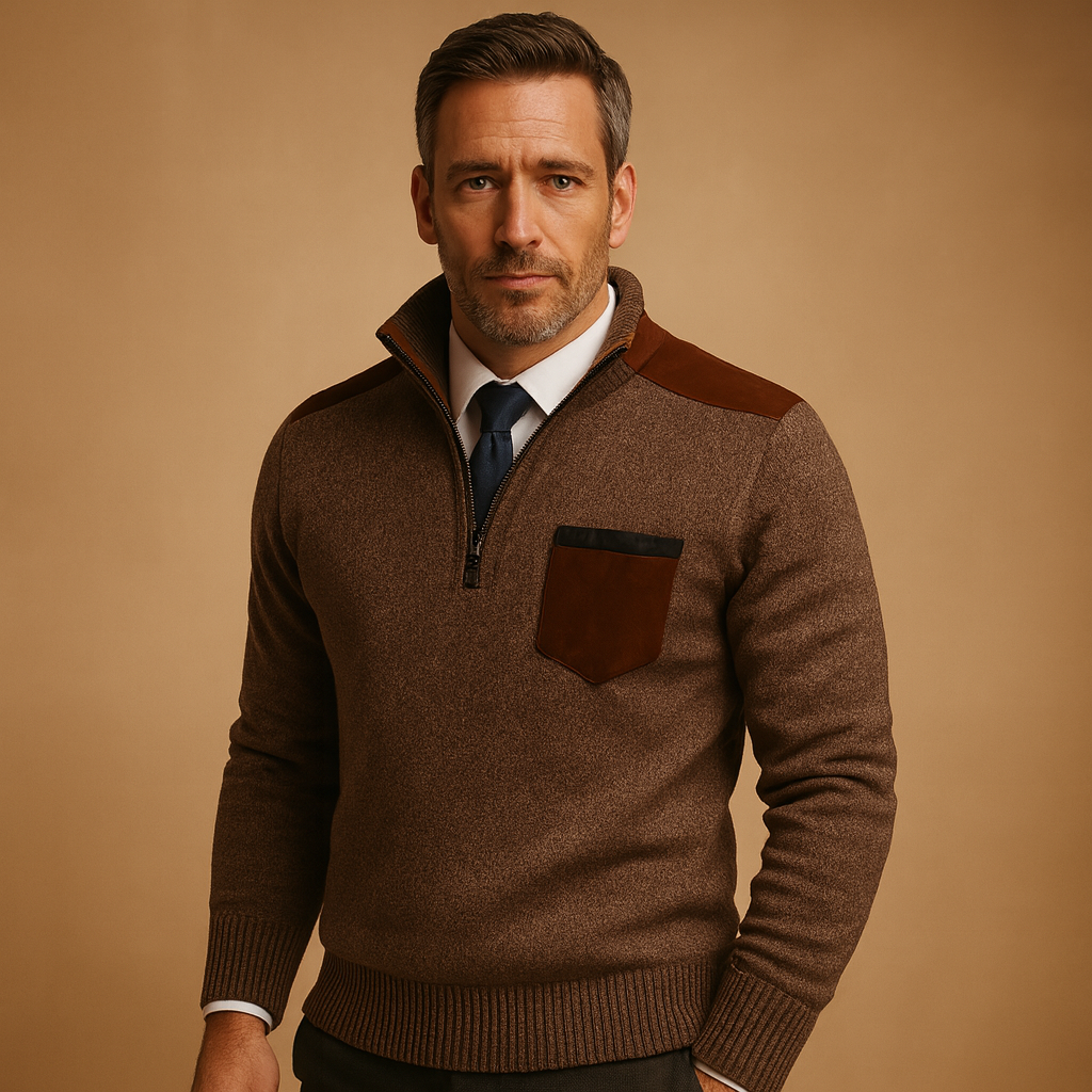 Men’s half zip pullover sweater with adjustable collar and chest pocket, warm and versatile for autumn and winter casual or work outfits.
