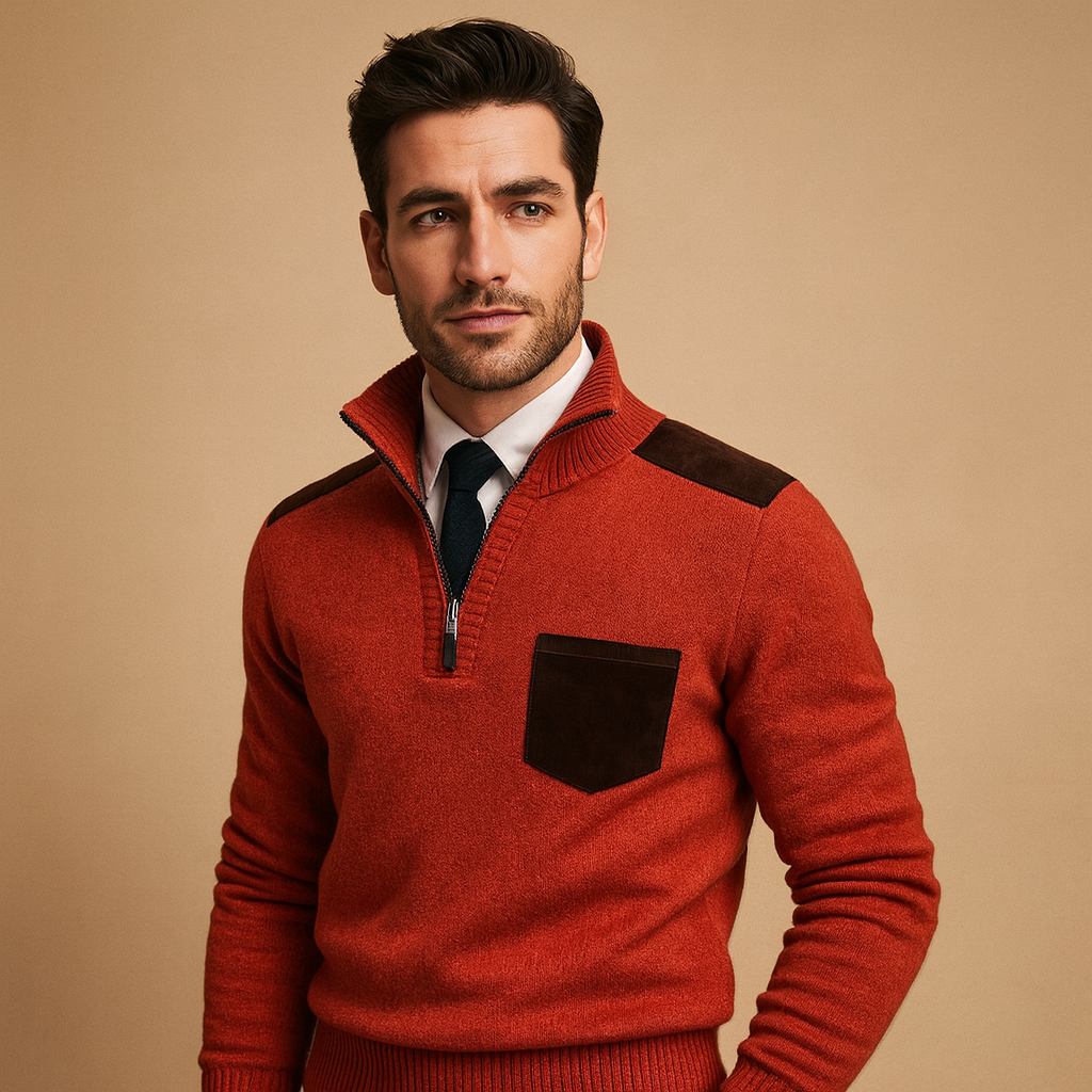 Men’s half zip pullover sweater with adjustable collar and chest pocket, warm and versatile for autumn and winter casual or work outfits.