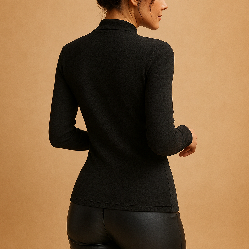 Black high neck blouse for women with pleated accents and a flattering elegant fit, perfect for business or formal outfits.