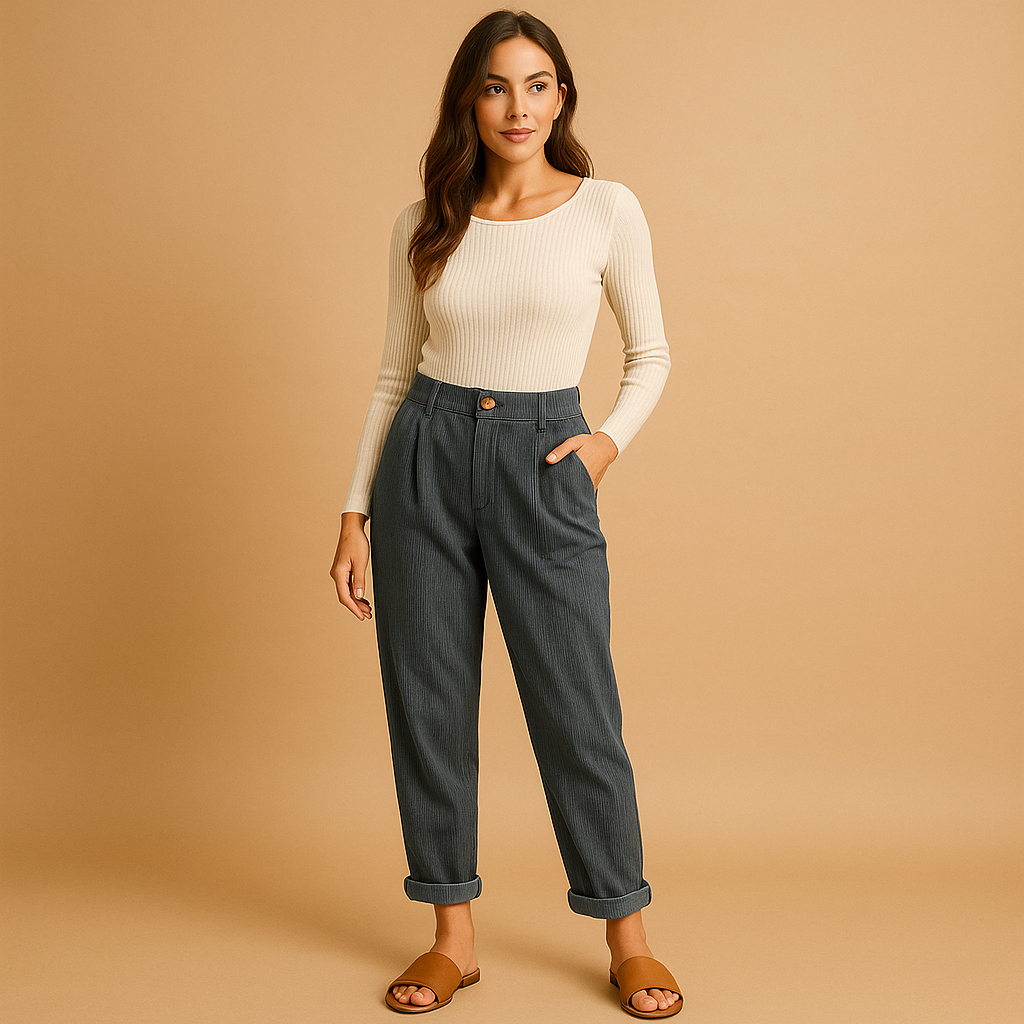 High waist corduroy pants for women in soft cotton blend, available in multiple colors, with straight leg and relaxed fit for autumn outfits.