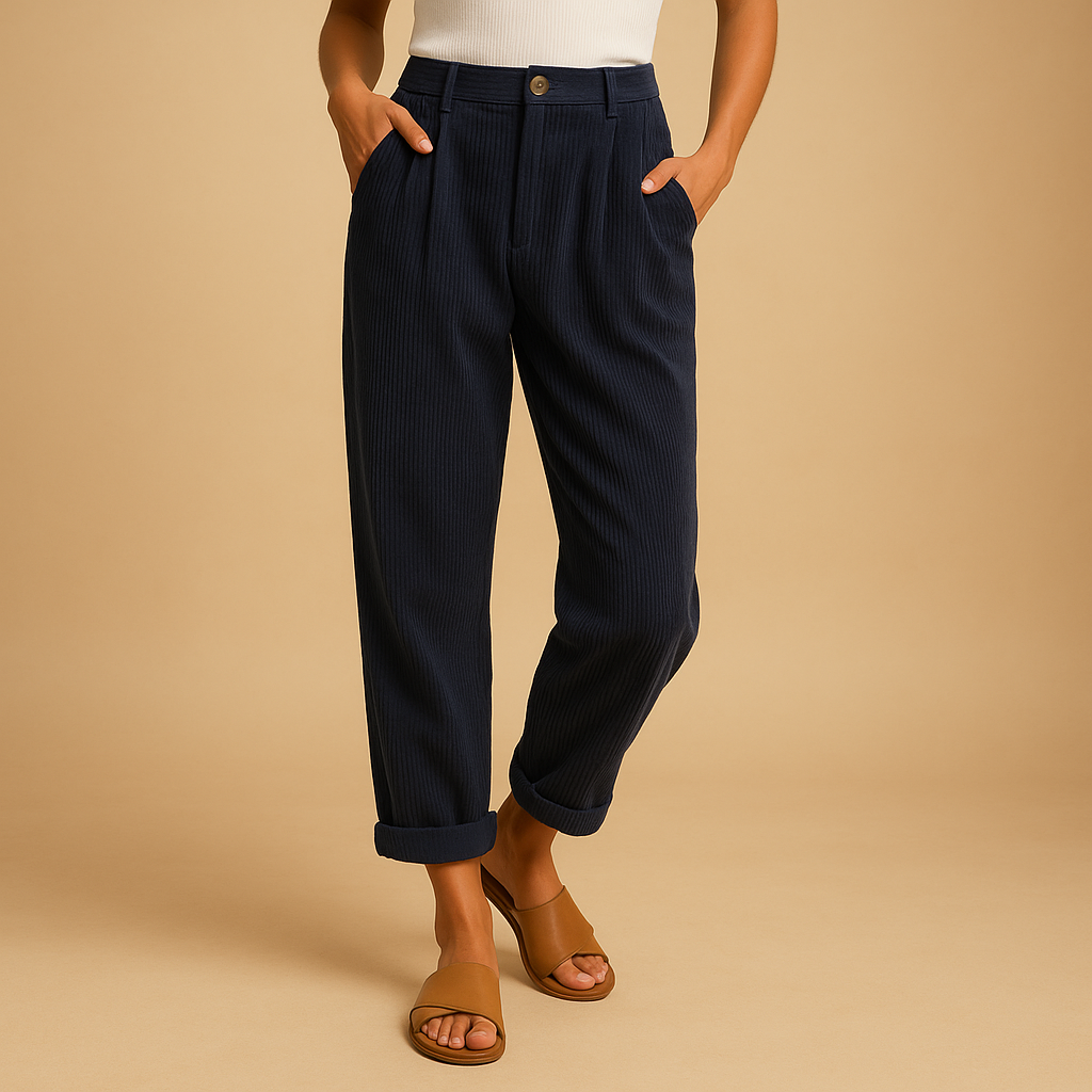 High waist corduroy pants for women in soft cotton blend, available in multiple colors, with straight leg and relaxed fit for autumn outfits.