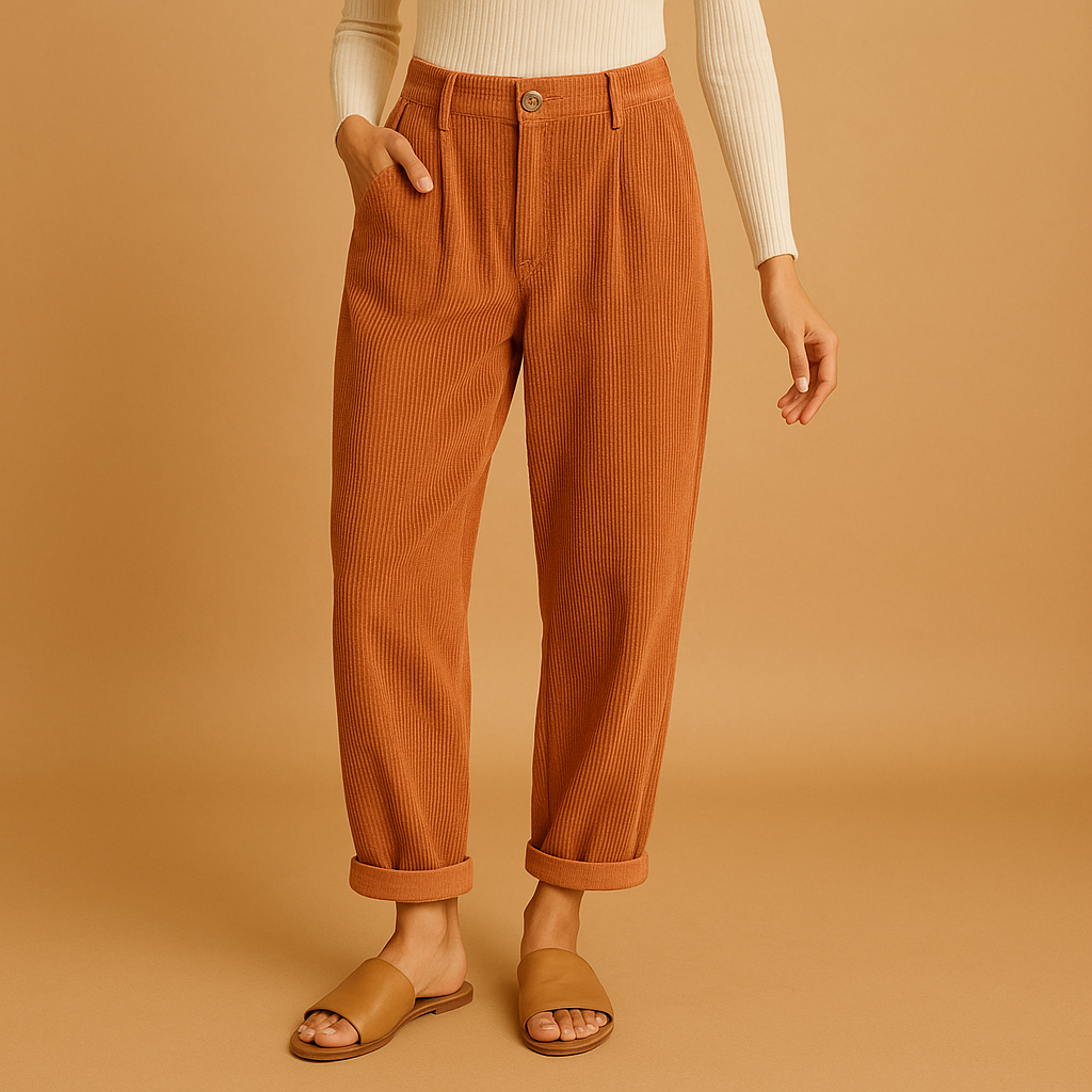High waist corduroy pants for women in soft cotton blend, available in multiple colors, with straight leg and relaxed fit for autumn outfits.