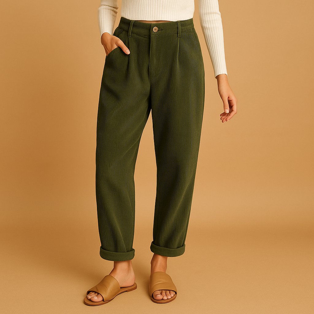 High waist corduroy pants for women in soft cotton blend, available in multiple colors, with straight leg and relaxed fit for autumn outfits.