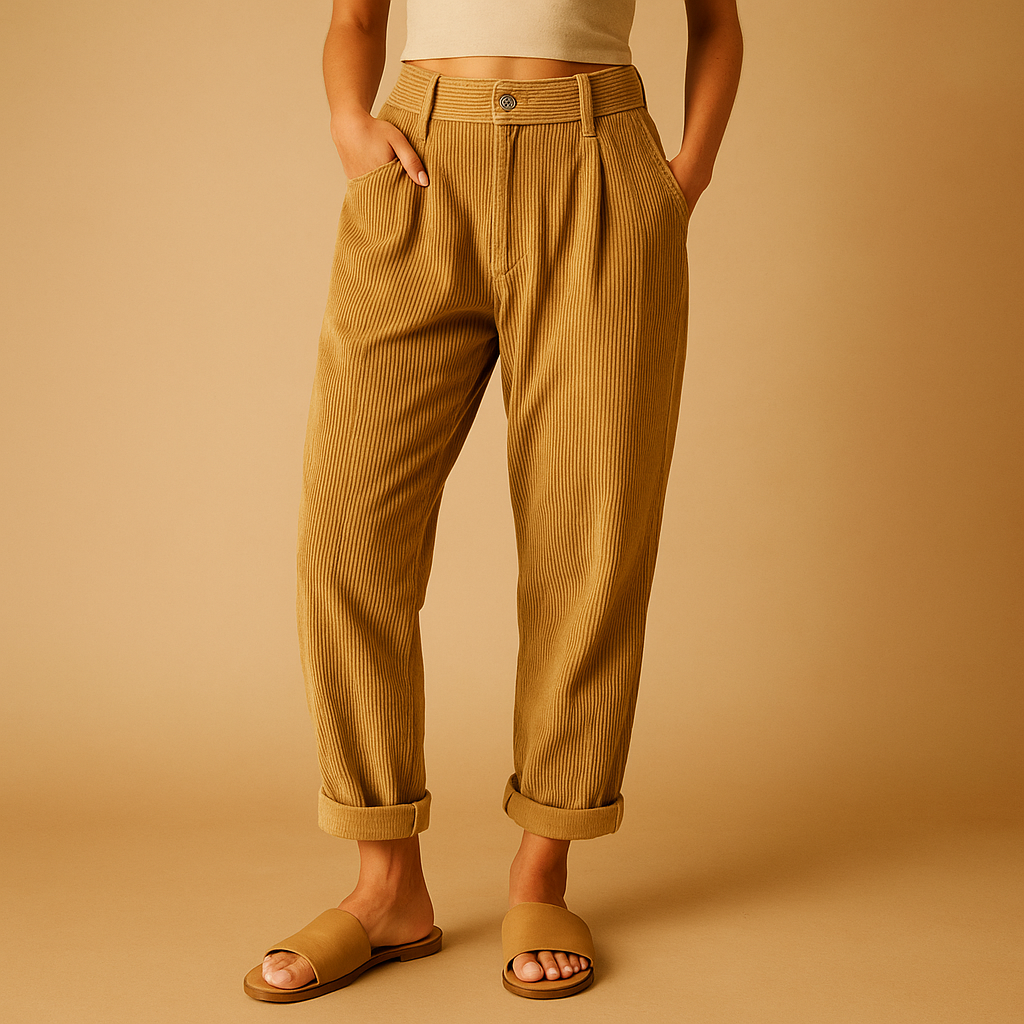 High waist corduroy pants for women in soft cotton blend, available in multiple colors, with straight leg and relaxed fit for autumn outfits.