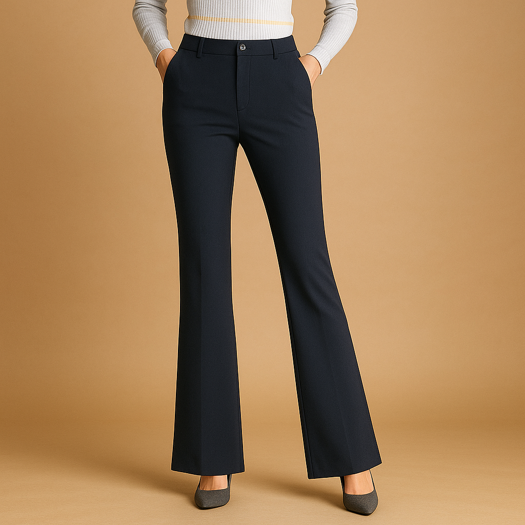 Women’s high-waisted flared trousers with wide legs, slim fit, and pockets—ideal for office, casual, and formal outfits.