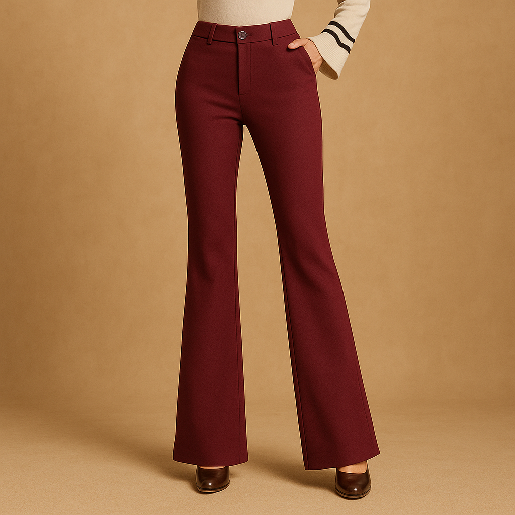 Women’s high-waisted flared trousers with wide legs, slim fit, and pockets—ideal for office, casual, and formal outfits.