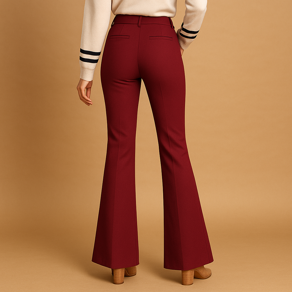 Women’s high-waisted flared trousers with wide legs, slim fit, and pockets—ideal for office, casual, and formal outfits.