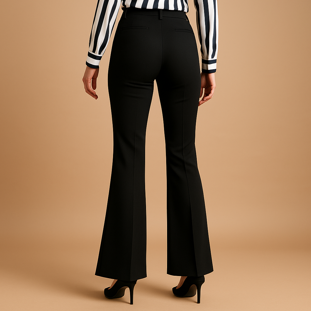 Women’s high-waisted flared trousers with wide legs, slim fit, and pockets—ideal for office, casual, and formal outfits.