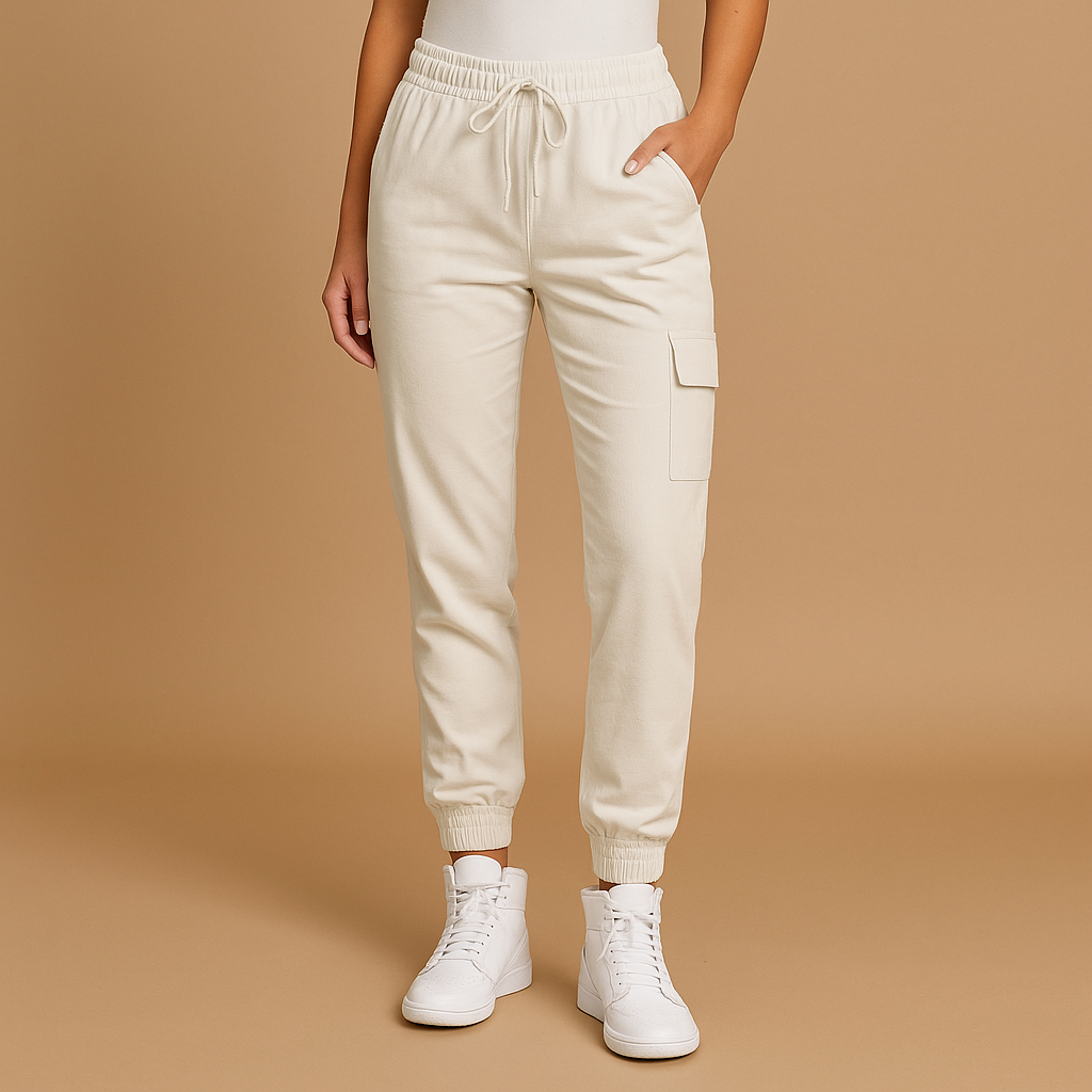 Women’s high-waisted slim cargo pants with stretch fabric and utility pockets, ideal for daily wear or semi-formal outfits.