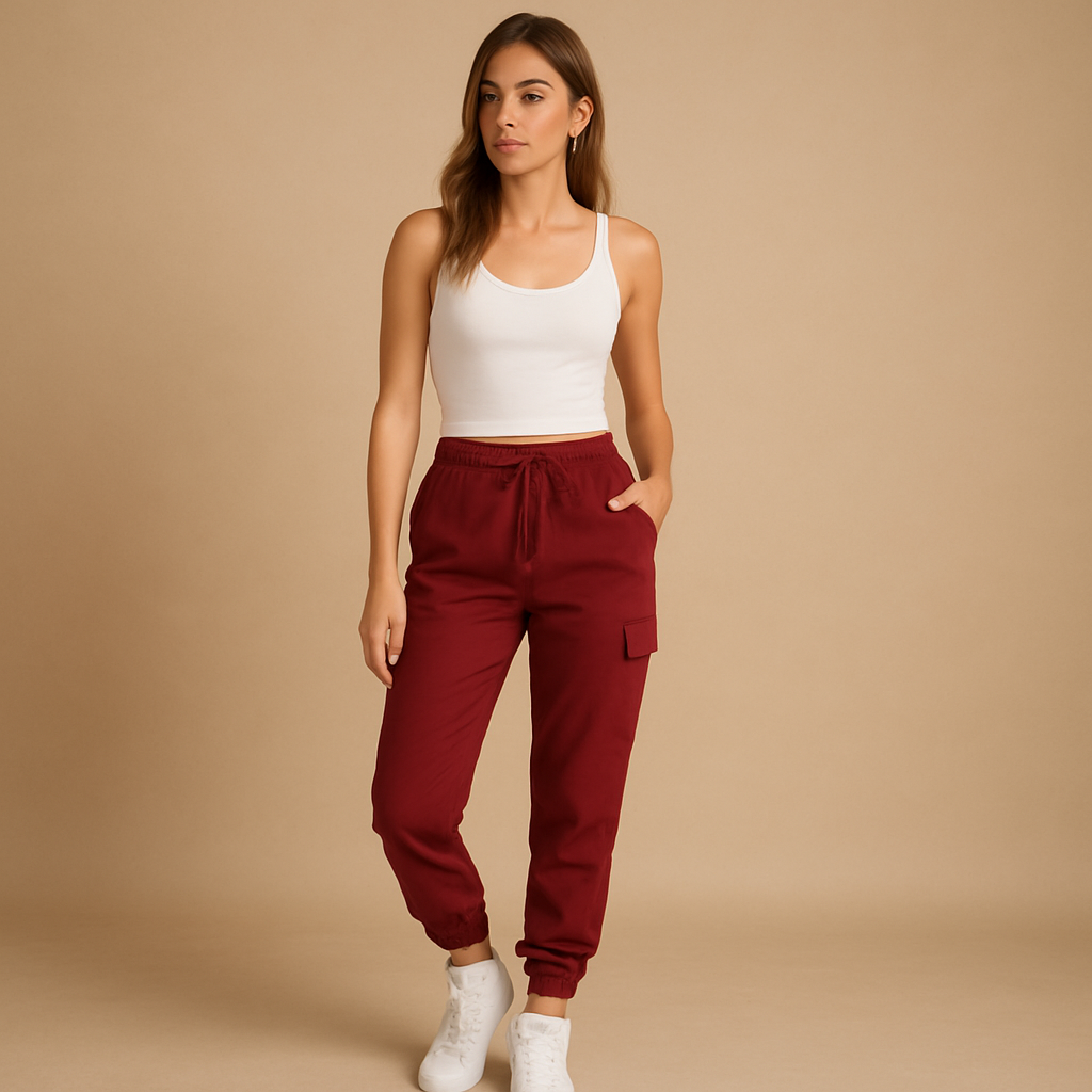Women’s high-waisted slim cargo pants with stretch fabric and utility pockets, ideal for daily wear or semi-formal outfits.