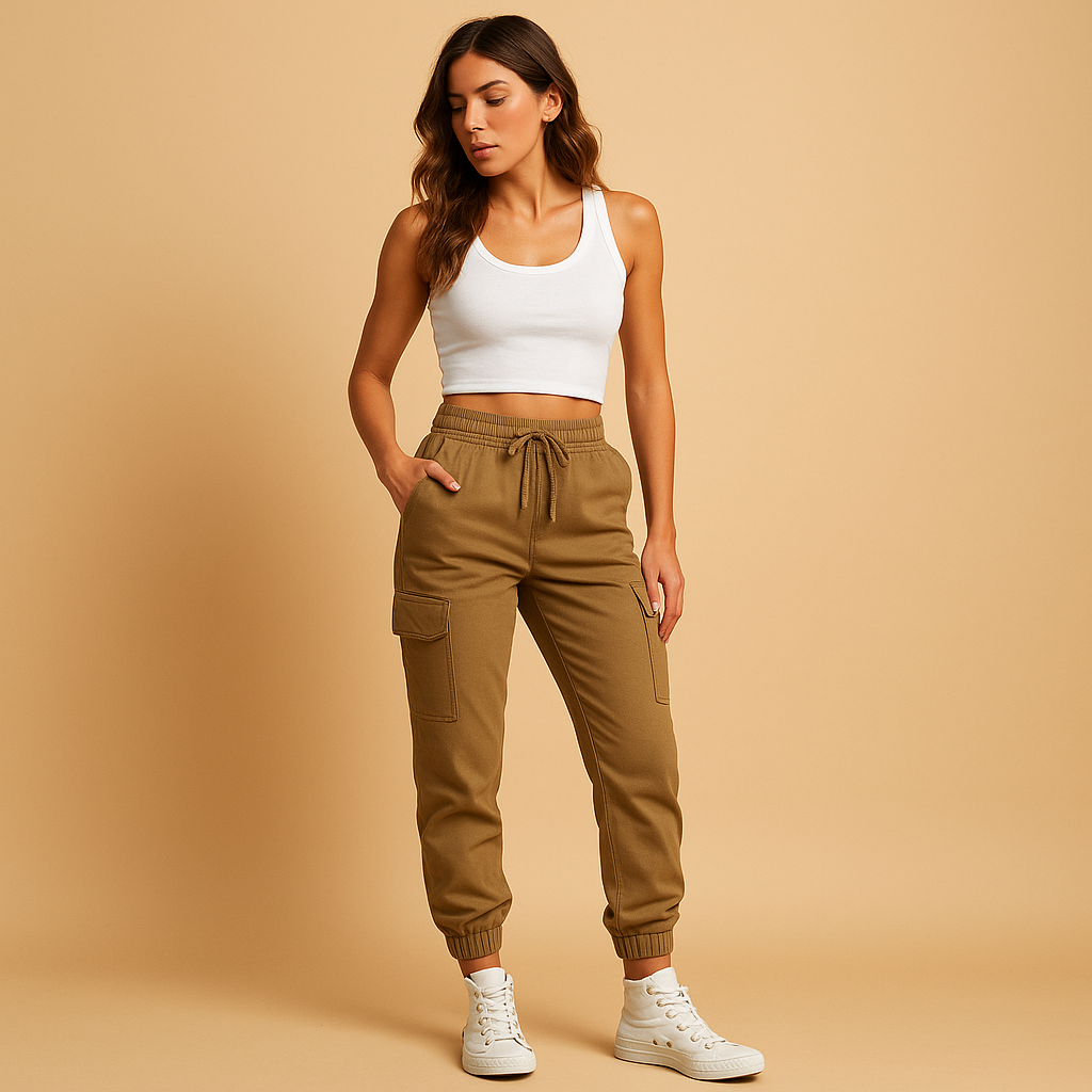 Women’s high-waisted slim cargo pants with stretch fabric and utility pockets, ideal for daily wear or semi-formal outfits.