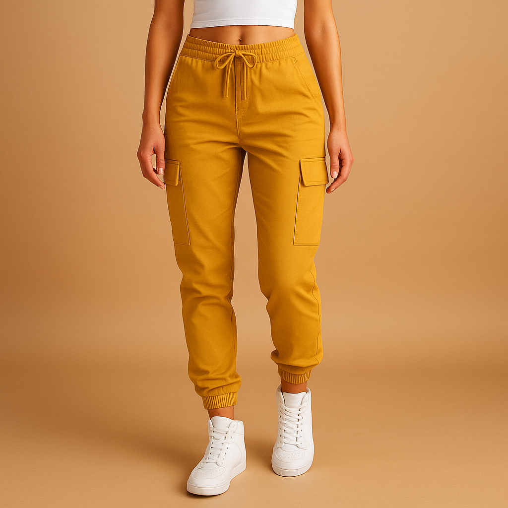 Women’s high-waisted slim cargo pants with stretch fabric and utility pockets, ideal for daily wear or semi-formal outfits.