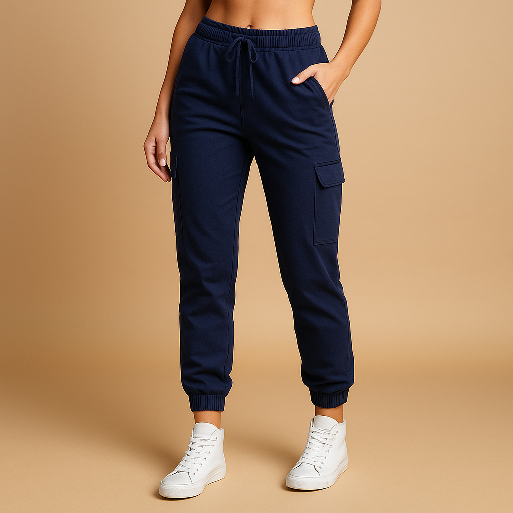 Women’s high-waisted slim cargo pants with stretch fabric and utility pockets, ideal for daily wear or semi-formal outfits.