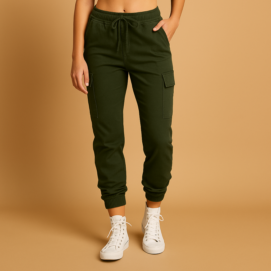 Women’s high-waisted slim cargo pants with stretch fabric and utility pockets, ideal for daily wear or semi-formal outfits.