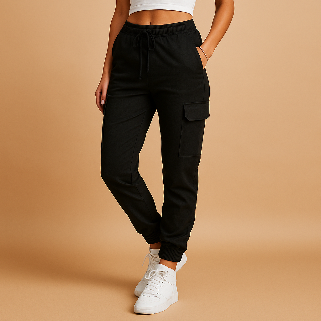 Women’s high-waisted slim cargo pants with stretch fabric and utility pockets, ideal for daily wear or semi-formal outfits.